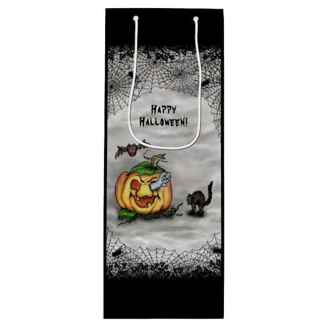 Bolsa Para Vino Fantasma, Gato, Bat y Calabaza, ¡Feliz Halloween! (Anverso)