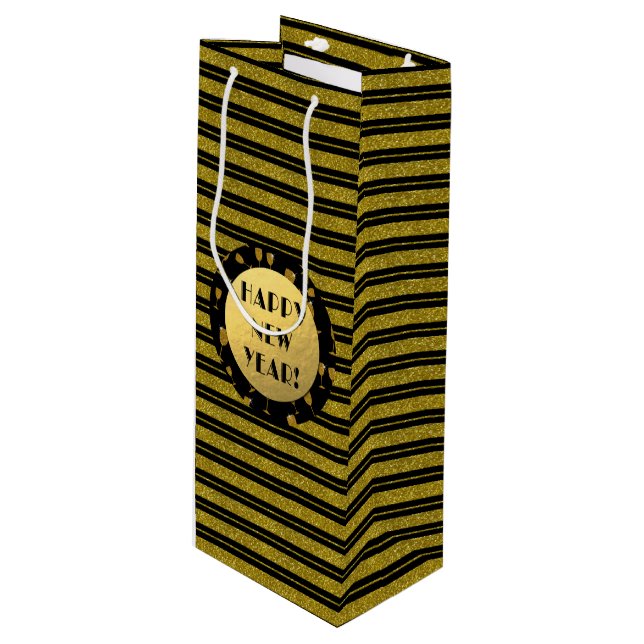 Bolsa Para Vino Faux Gold Purpurina, Feliz Año Nuevo, brillante (Angulo Anverso)