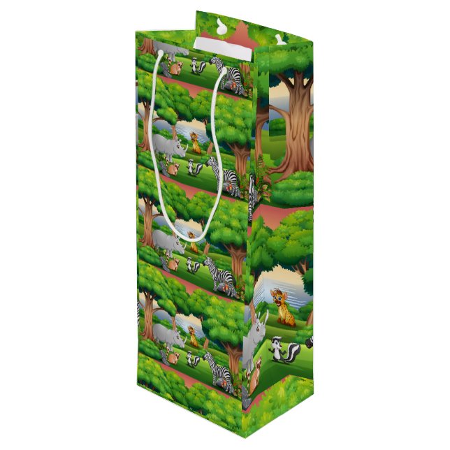 Bolsa Para Vino Felices animales de la jungla en un paisaje (Angulo reverso)