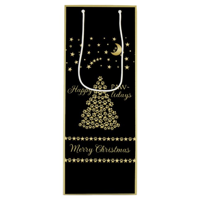 Bolsa Para Vino Felices Pawlidays, árbol de navidad Gold brillante (Anverso)