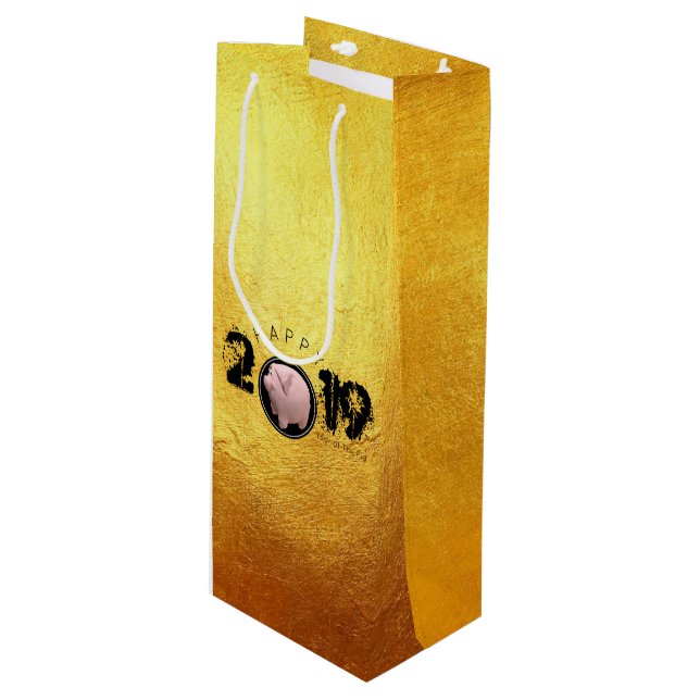 Bolsa Para Vino Feliz Año PIg 2019 Original 3D dorado Wine G Bag (Angulo Anverso)