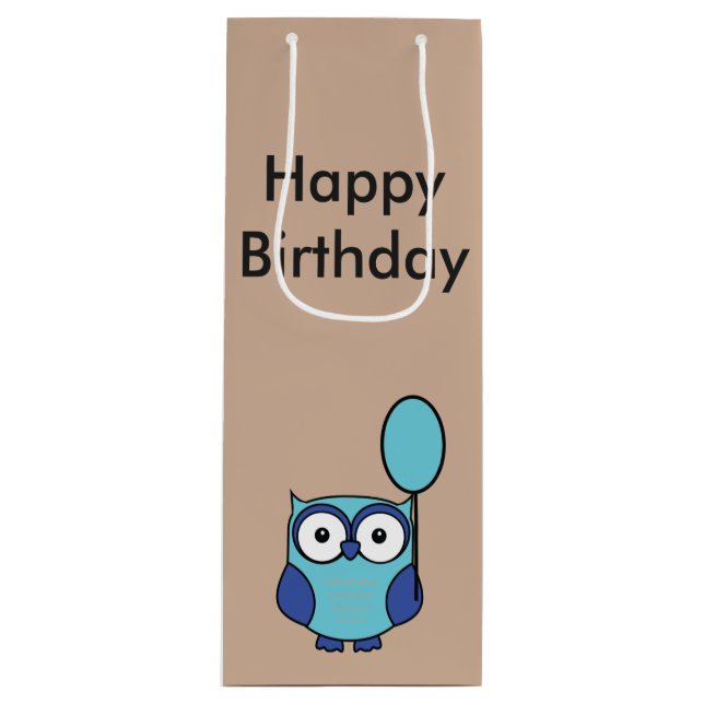 Bolsa Para Vino Feliz cumpleaños Owl Blue y Aqua (Anverso)