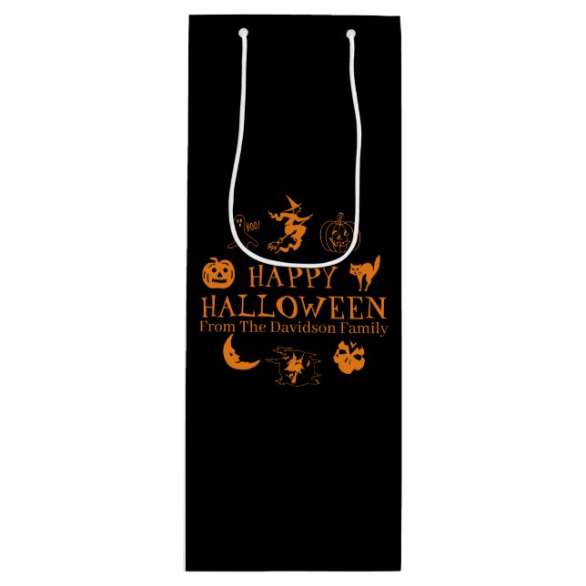 Bolsa Para Vino Feliz Halloween nombre personalizado naranja negro (Anverso)