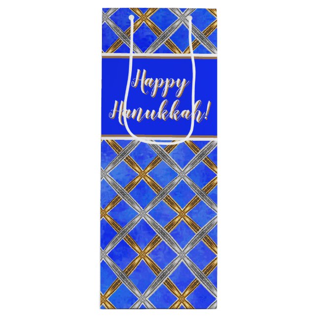 Bolsa Para Vino Feliz Hanukkah Gold, Silver y White Laces (Anverso)