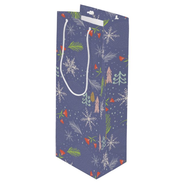 Bolsa Para Vino Feliz Navidad Árboles dibujados a mano Flores de n (Angulo Anverso)