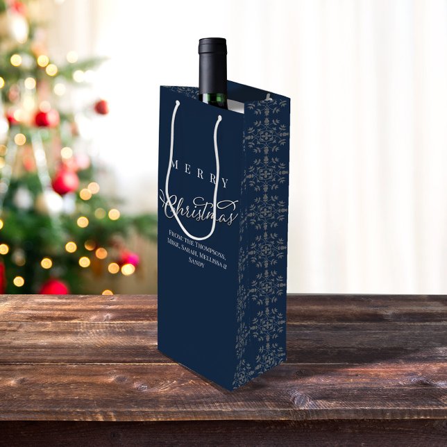 Bolsa Para Vino Feliz Navidad caligrafía marina copo de nieve azul (Navy blue custom silver snowflake wine bag)