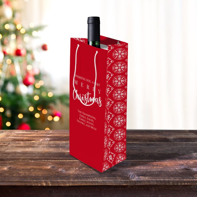 Bolsa Para Vino Feliz Navidad Cute Whimsical Red Snowflake (Merry Christmas holiday snowflake pattern wine gift bag.)