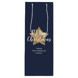 Bolsa Para Vino Feliz Navidad Estrella de Oro Azul