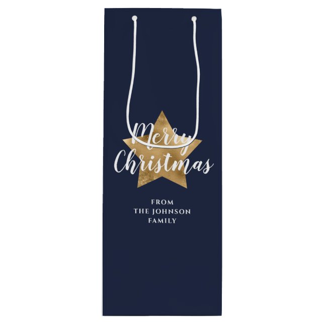 Bolsa Para Vino Feliz Navidad Estrella de Oro Azul (Anverso)