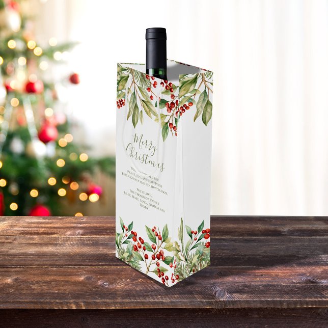 Bolsa Para Vino Feliz Navidad Red Holly Greenery Personalizado (Merry Christmas red holly and greenery wine gift bag)