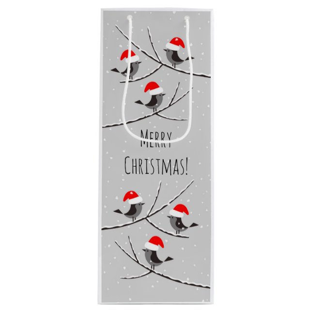 Bolsa Para Vino Feliz Navidad Red Santa Hat Birds Nieve (Anverso)