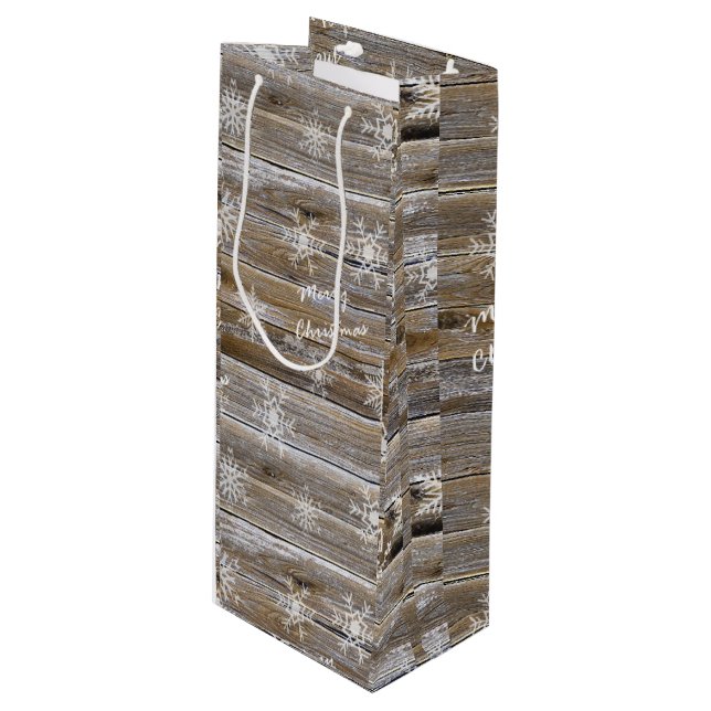 Bolsa Para Vino Feliz Navidad Rustic Wood and Snowflakes Rustic (Angulo Anverso)
