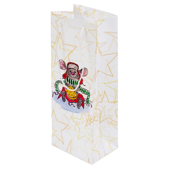 Bolsa Para Vino Feliz Navidad y Feliz Año Nuevo: Ratón de queso (Angulo reverso)