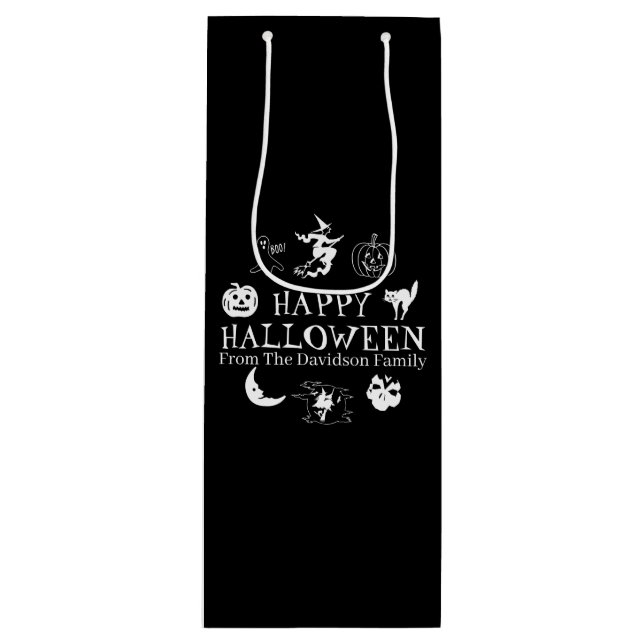 Bolsa Para Vino Feliz nombre personalizado de Halloween negro espe (Anverso)
