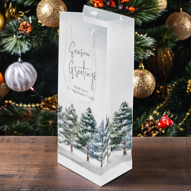 Bolsa Para Vino Festividad de los Pinos de Invierno personalizada (Holiday custom wine gift bag with watercolor pine trees.)