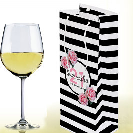 Bolsa Para Vino Fiesta de cumpleaños rayas negras flores rosadas n