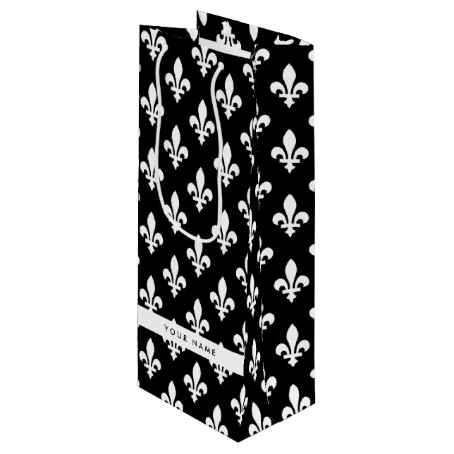 Bolsa Para Vino Fleur de Lis, Blanco sobre Negro, Blanco, Tu Nombr (Angulo Anverso)
