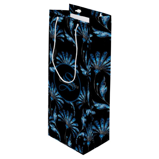 Bolsa Para Vino Floral de verano azul monogramada (Angulo Anverso)