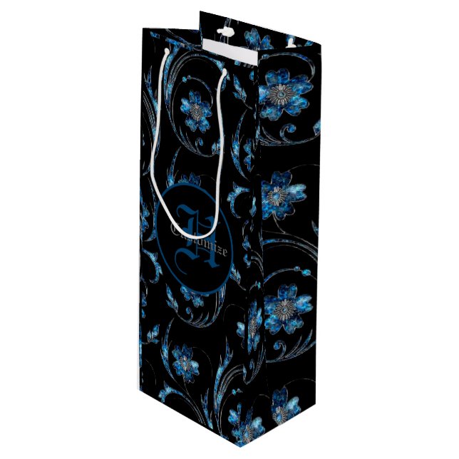 Bolsa Para Vino Floral de verano azul monogramada 2 (Angulo Anverso)