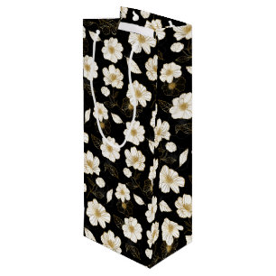 Bolsa Para Vino Flores blancas y doradas sobre negro
