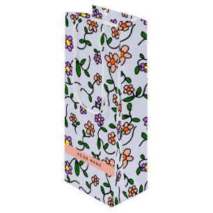 Bolsa Para Vino Flores Coloridas, Fondo Azul, Naranja