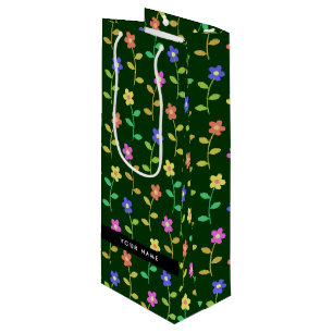 Bolsa Para Vino Flores Coloridas, Fondo Verde, Negro