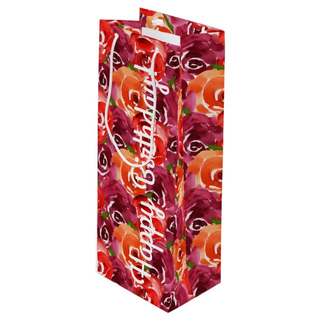 Bolsa Para Vino Flores de acuarela brillante feliz cumpleaños (Angulo Anverso)