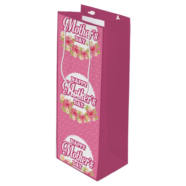 Bolsa Para Vino Flores: Polka rosa y blanco: feliz día de la madre (Angulo Anverso)