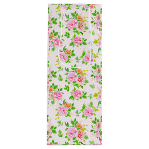 Bolsa Para Vino Flores Rosas florales con patrón de hojas verdes-2