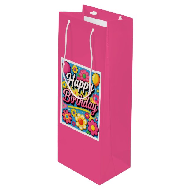 Bolsa Para Vino Flores y globos brillantes de cumpleaños feliz (Angulo Anverso)