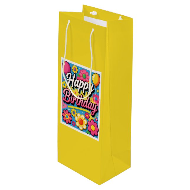Bolsa Para Vino Flores y globos de cumpleaños felices brillantes A (Angulo Anverso)