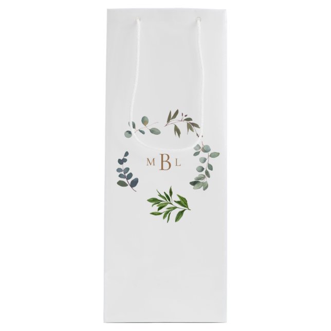 Bolsa Para Vino Foliage y Gold Monograma Boda Elegante Blanca (Anverso)