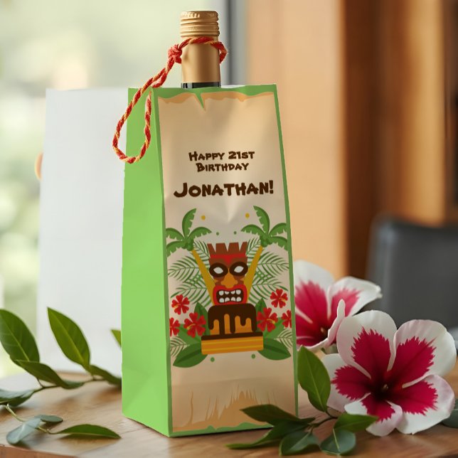 Bolsa Para Vino Fun retro hawaiano del bar Tropical Luau Tiki (This tiki themed birthday party wine gift bag brings the kitsch with a retro Hawaiian luau vibe.)