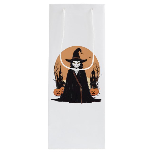 Bolsa Para Vino Gato negro místico salem con calabazas (Anverso)
