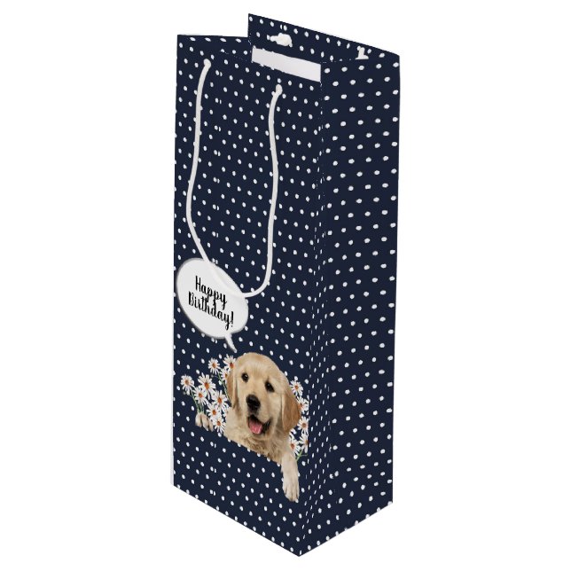 Bolsa Para Vino Golden Retriever en daisises sobre puntos de polka (Angulo Anverso)