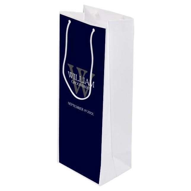 Bolsa Para Vino Groomsman Regalo Personalizado Marina moderna Azul (Angulo Anverso)