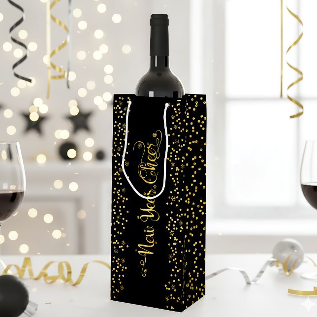 Bolsa Para Vino Guión de alegría de Año Nuevo de Oro Negro, modern (Subido por el creador)