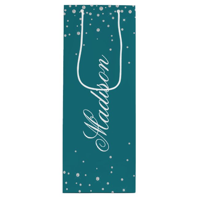 Bolsa Para Vino Harbor Blue Chic Diamantes Nombre Personalizado (Anverso)