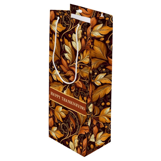 Bolsa Para Vino Hojas Doradas Personalizables (Angulo Anverso)