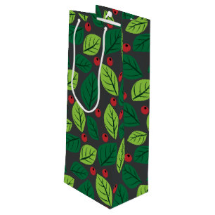 Bolsa Para Vino Hojas verdes, bayas rojas, patrón de hojas