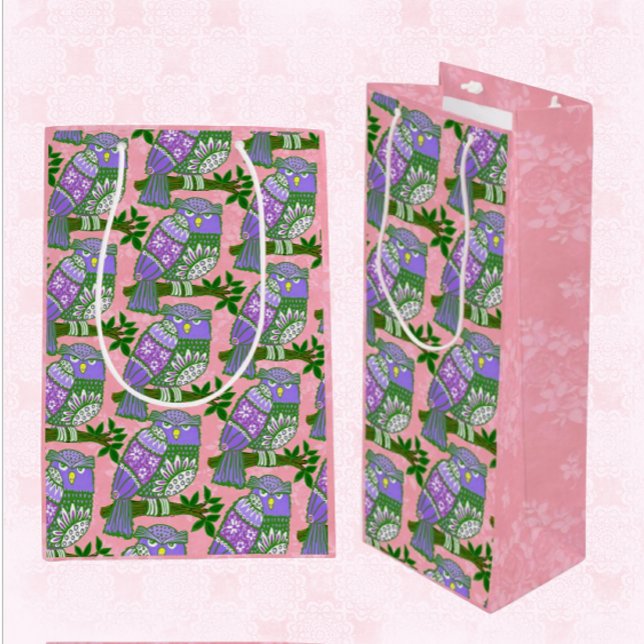 Bolsa Para Vino Lechuza de arte popular morado rosado (Subido por el creador)