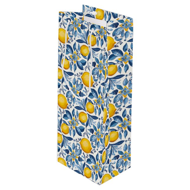 Bolsa Para Vino Lemon Botanical Blue and Yellow Summer Print (Angulo Anverso)