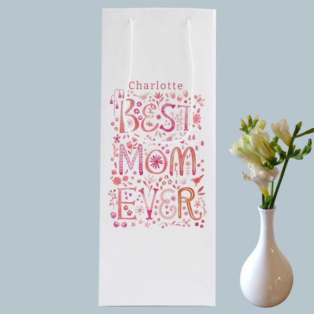 Bolsa Para Vino Mejor Mamá Personalizada (Best Mom Ever watercolor hand lettered personalized name Mothers Day or Mom Birthday wine gift bag)