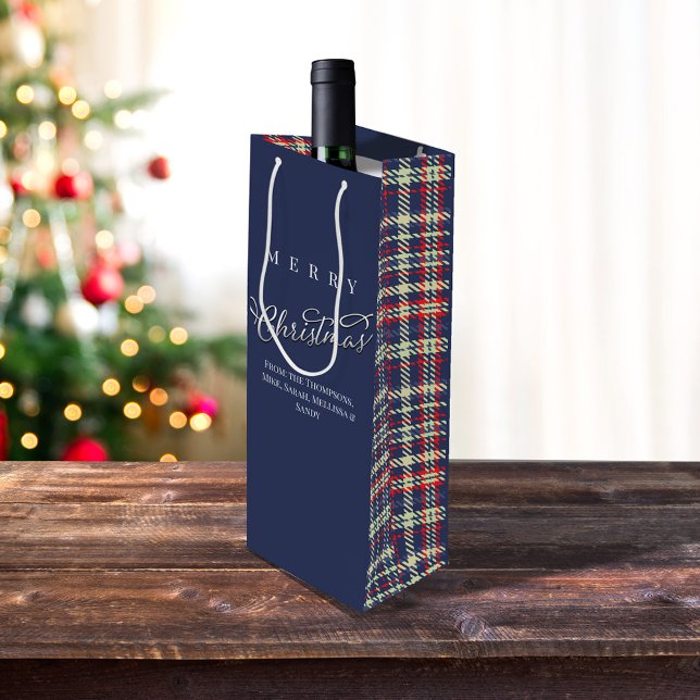 Bolsa Para Vino Merry Christmas Caligraphy Script Navy Blue Plaid (Merry Christmas navy blue plaid wine gift bag.)