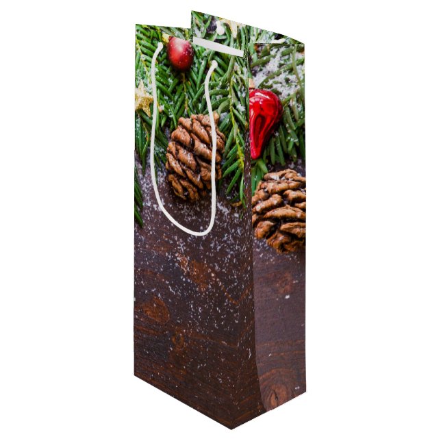 Bolsa Para Vino Mesa de Navidad Rústica con Pino y Nieve (Angulo Anverso)