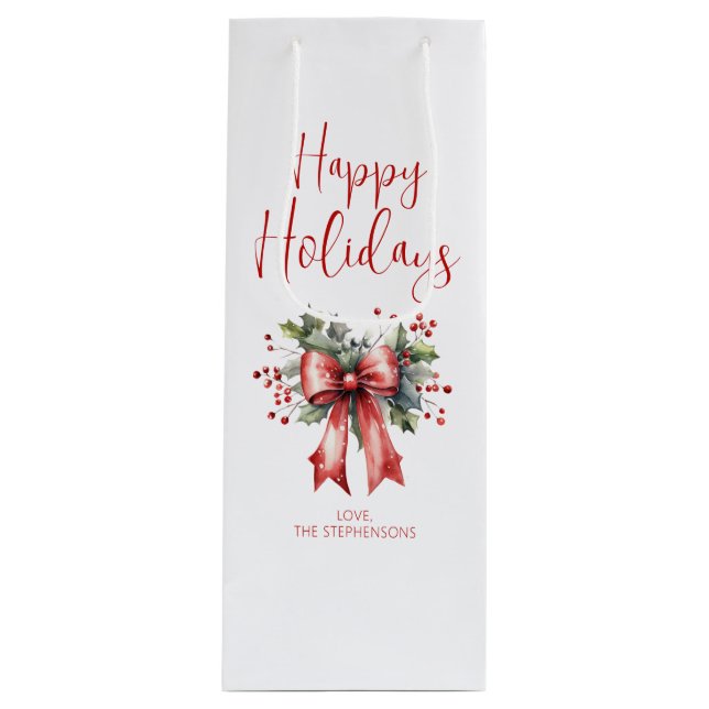 Bolsa Para Vino Moderno Happy Holidays Script Holly Bow Name (Anverso)