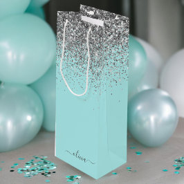 Bolsa Para Vino Monograma de brillo plateado y azul teal Aqua