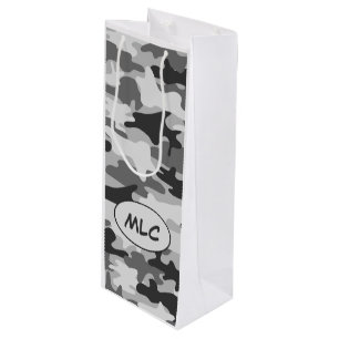 Bolsa Para Vino Monograma gris negro del camuflaje personalizado