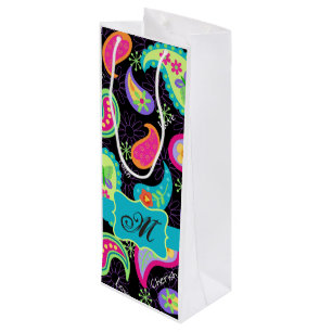 Bolsa Para Vino Monograma turquesa negro personalizado Mod Paisley