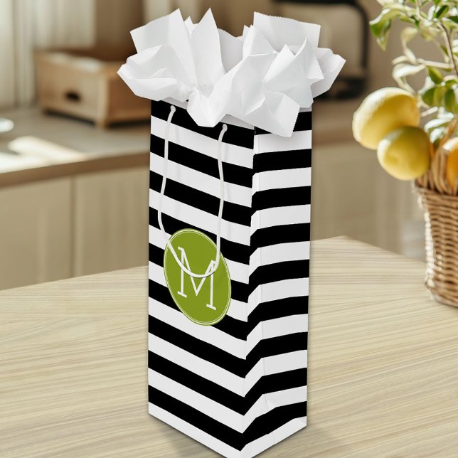 Bolsa Para Vino Monograma verde del patrón rayado negro y blanco (Custom Gift Bag)
